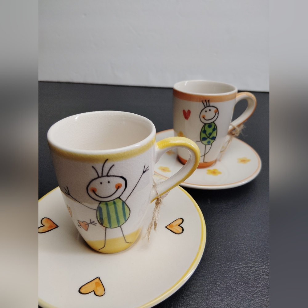 Mila Espresso Cup & Saucer Set of 2 Hand Painted Love Bug Figures